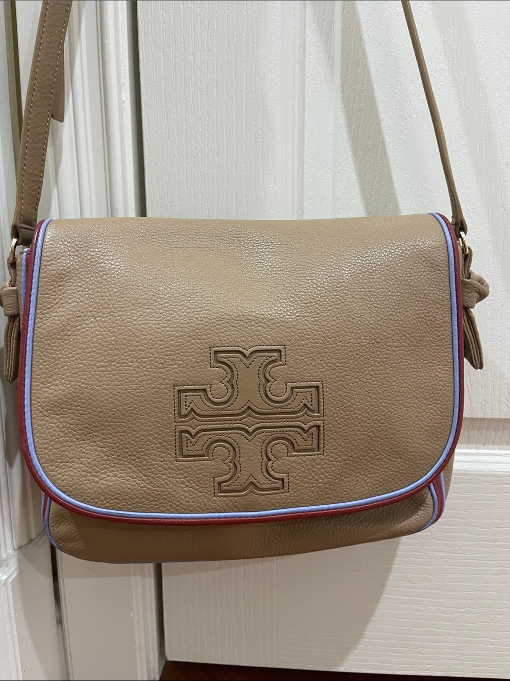 Tory Burch Tan Leather Flap Crossbody with Blue and Red Piping
